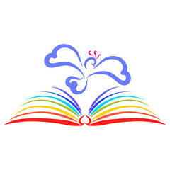 A bird flying over a book with rainbow pages