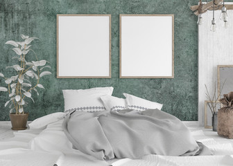 Mock-up poster in old shabby bedroom interior, 3d render © artjafara