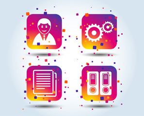 Accounting workflow icons. Human silhouette, cogwheel gear and documents folders signs symbols. Colour gradient square buttons. Flat design concept. Vector