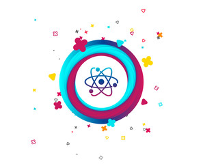 Atom sign icon. Atom part symbol. Colorful button with icon. Geometric elements. Vector