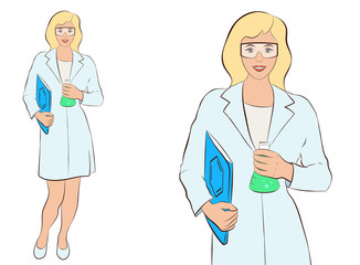 Fototapeta premium Blonde chemist woman with Erlenmeyer flask isolated on white background, half-length and full-length portraits