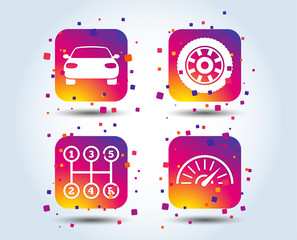 Transport icons. Car tachometer and mechanic transmission symbols. Wheel sign. Colour gradient square buttons. Flat design concept. Vector