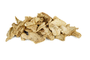 Small pile of dried ginger slices isolated on white background