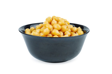 Ceramic bowl full of boiled chickpeas isolated on white background