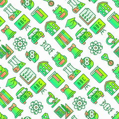 Back to school seamless pattern with thin line icons: backpack, bell, book, microscope, knowledge, owl, graduation cap, bus, chemistry, mathematics, biology, blackboard. Modern vector illustration.