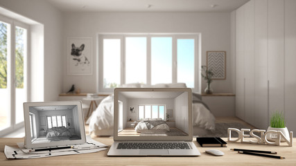 Architect designer desktop concept, laptop and tablet on wooden work desk with screen showing interior design project and CAD sketch, blurred draft in the background, modern bedroom idea template