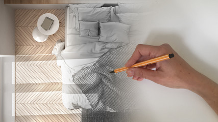 Architect interior designer concept: hand drawing a design interior project while the space becomes real, white wooden modern bedroom, plan, top view, above