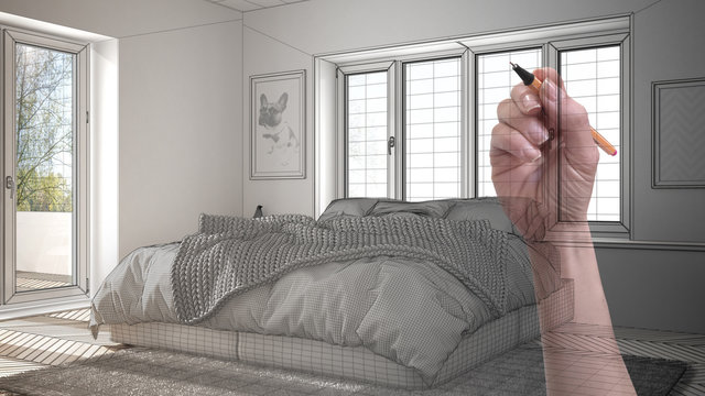 Hand drawing custom modern minimalist white bedroom with big window. Tailored unfinished project architecture interior design