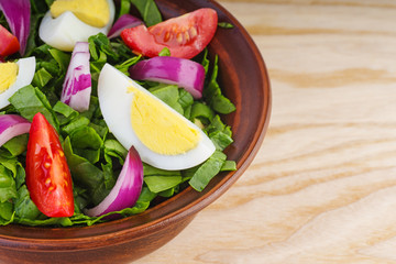 Clay bowl with salad (spinach, egg,onion, tomatoes)
