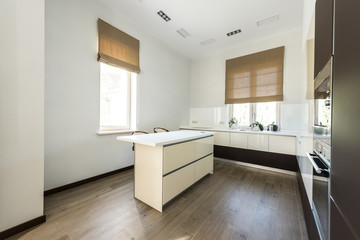 Fototapeta na wymiar interior view of empty modern kitchen with furniture in light colors