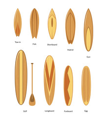 Surfboards with Wooden Texture Set Surfers Equipment. Vector