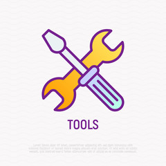Tools: crossed wrench and screwdriver thin line icon. Modern vector illustration.