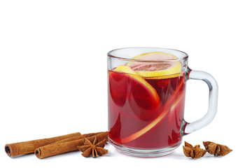 Christmas mulled wine , anise stars and cinnamon sticks isolated on white background