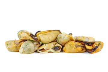 Pile of pickled mussels isolated on white background