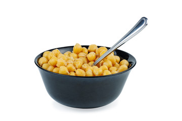 Ceramic bowl full of boiled chickpeas isolated on white background