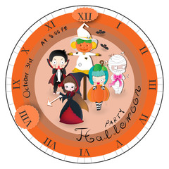 Funny halloween party invitation with witch, scarecrow, dracula, mummy and pumpkin girl in spooky night.Happy kids halloween concept.Cute character design.Cartoon vector illustration.  