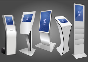 Five Promotional Interactive Information Kiosk, Advertising Display, Terminal Stand, Touch Screen Display. Mock Up Template.