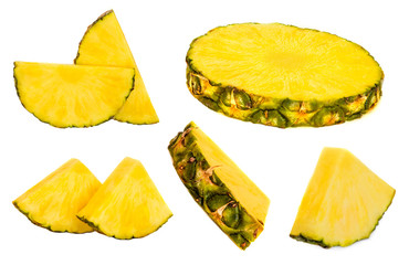 Fresh sliced Pineapple collection isolated on white background. Tropical fruits Set