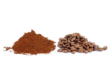 Pile of the ground coffee and few beans isolated on white background
