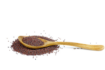 Brown mustard seeds and wooden spoon