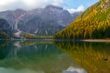 Amazing view of Braies Lake at autumn day