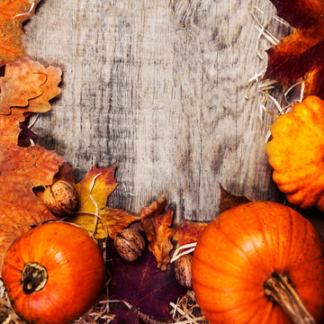 Thanksgiving border or frame with orange pumpkins and colourful leaves on wooden background. Thanksgiving Day autumn background, autumnal concept.