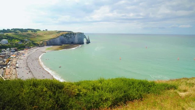 Aerial view of the beautiful coastline and alabaster cliff bay of Etretat, France