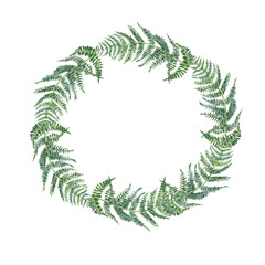 fern round wreath/ Watercolor floral frame. Hand drawn spring plants card design: botanical elements isolated on white background. Branches fern. - 219943330