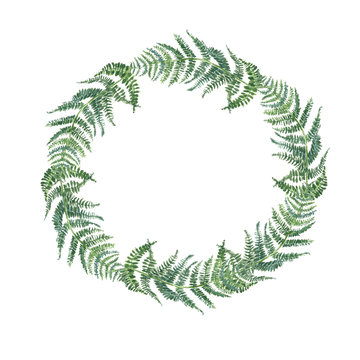 fern round wreath/ Watercolor floral frame. Hand drawn spring plants card design: botanical elements isolated on white background. Branches fern.