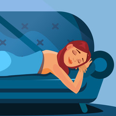 Sleeping Beautiful Woman Vector. Healthy Sleep. Night Bedroom. Flat Cartoon Illustration