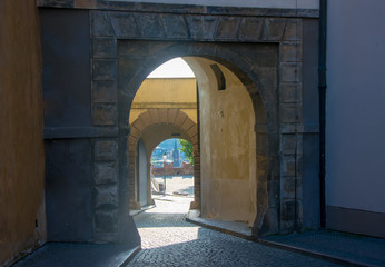 Gates in Black Tower of Prague Castle at the morning in old city of Prague, Czech Republic