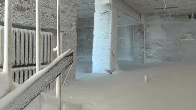 Ruins of abandoned shopping mall in ghost town Coal Mines Russia. Hopelessness in deserted city. Unique place for stalkers.