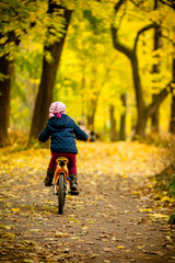 Little girl riding a bicycle in the park on the road covered with autumn oak and maple trees.Back view of Little child in blue coat riding a bicycle.Cyclist in autumn park.Girl biking in city park