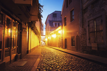 Fototapeta na wymiar Vilnius, the capital of Lithuania at sunset, paved street in the historic center of the city at night