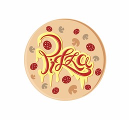 Pizza. Decorative lettering logo. Delicious postcard with melted cheese and ketchup inscription. Vector