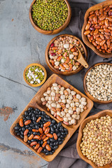 Assortment of vegan protein source food, legumes, lentils, chickpeas, beans