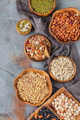 Assortment of vegan protein source food, legumes, lentils, chickpeas, beans