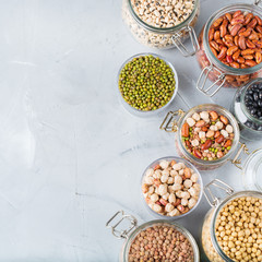 Assortment of vegan protein source food, legumes, lentils, chickpeas, beans