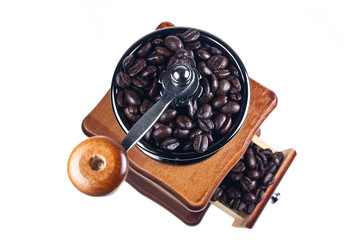 Vintage coffee grinder on a white background.