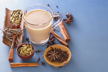 Hot Indian milk tea with spices - cinnamon, cardamom, ginger, cloves, tubby, sweet pepper on a wine background. Close-up