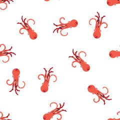 Red octopus on white pattern background. Cute octopus seamless pattern. Marine life and animals concept. Sea monster, underwater predator.