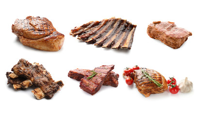 Different delicious grilled meat on white background