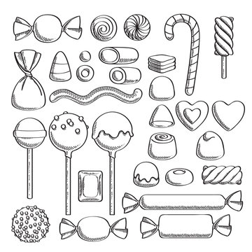 Sweets set. Assorted candies - sketch style.