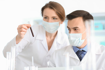 Female and male scientists working in laboratory