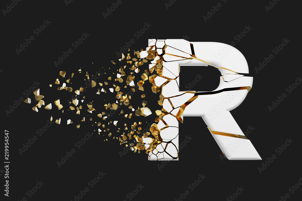 Fototapete broken shattered alphabet letter r uppercase. crushed white and gold font. 3d render isolated on gre
