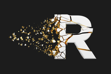 Broken shattered alphabet letter R uppercase. Crushed white and gold font. 3D render isolated on grey background.