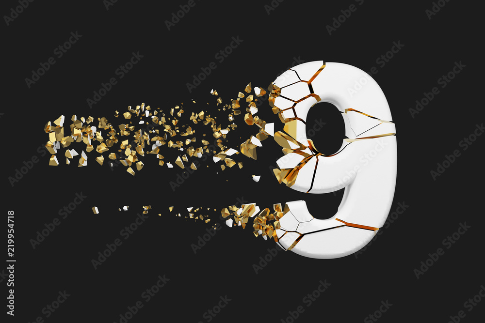 Fototapete broken shattered alphabet number 9. crushed white and gold font. 3d render isolated on grey backgrou