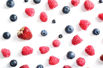 Delicious ripe berries on white background, top view