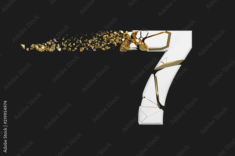 Fototapete broken shattered alphabet number 7. crushed white and gold font. 3d render isolated on grey backgrou