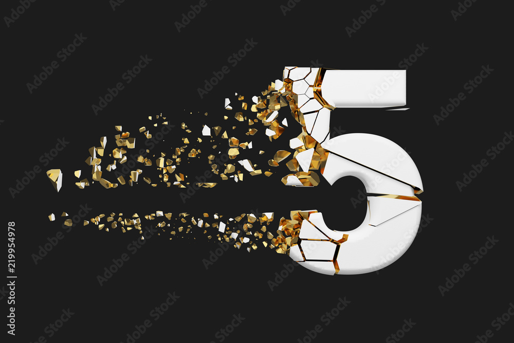 Fototapete broken shattered alphabet number 5. crushed white and gold font. 3d render isolated on grey backgrou